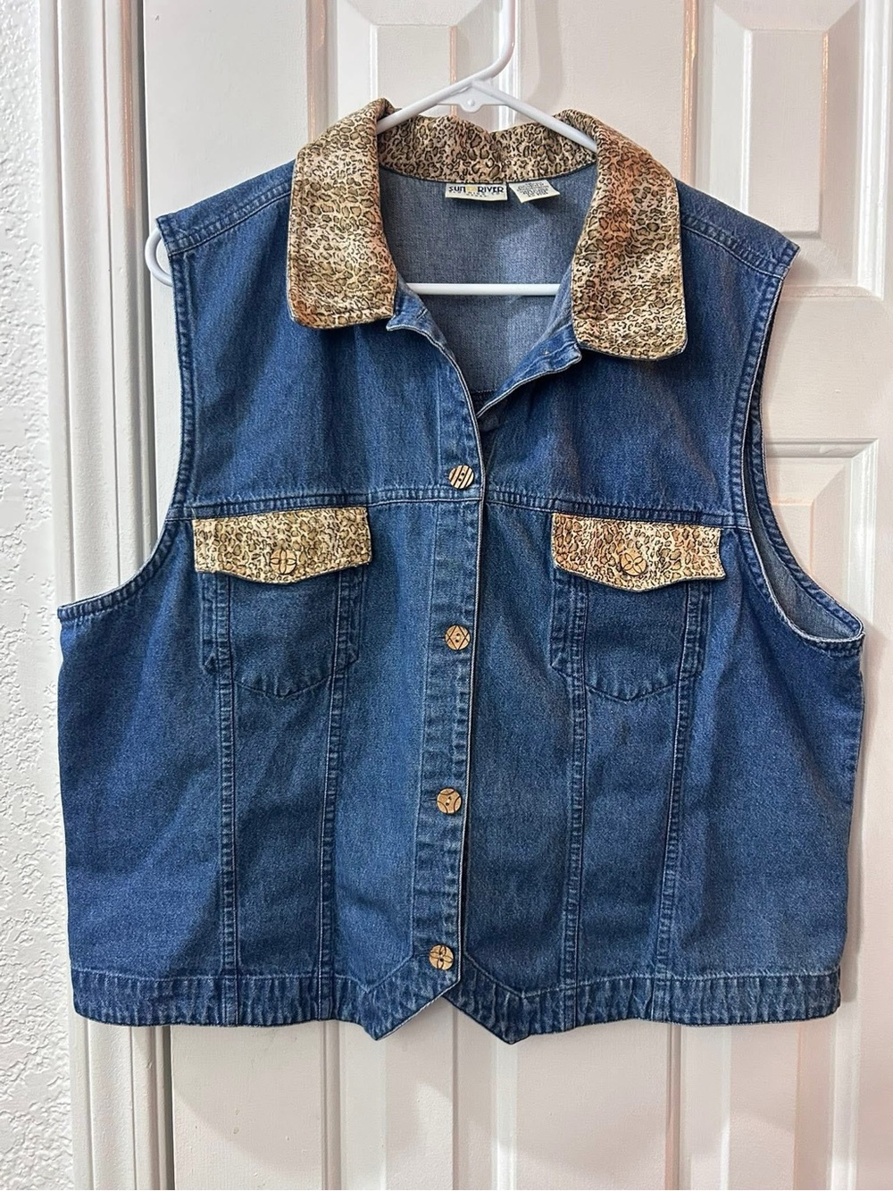 Denim Vest with Leopard Print Trim Plus Size 1X | Vintage Button Front Jean Vest